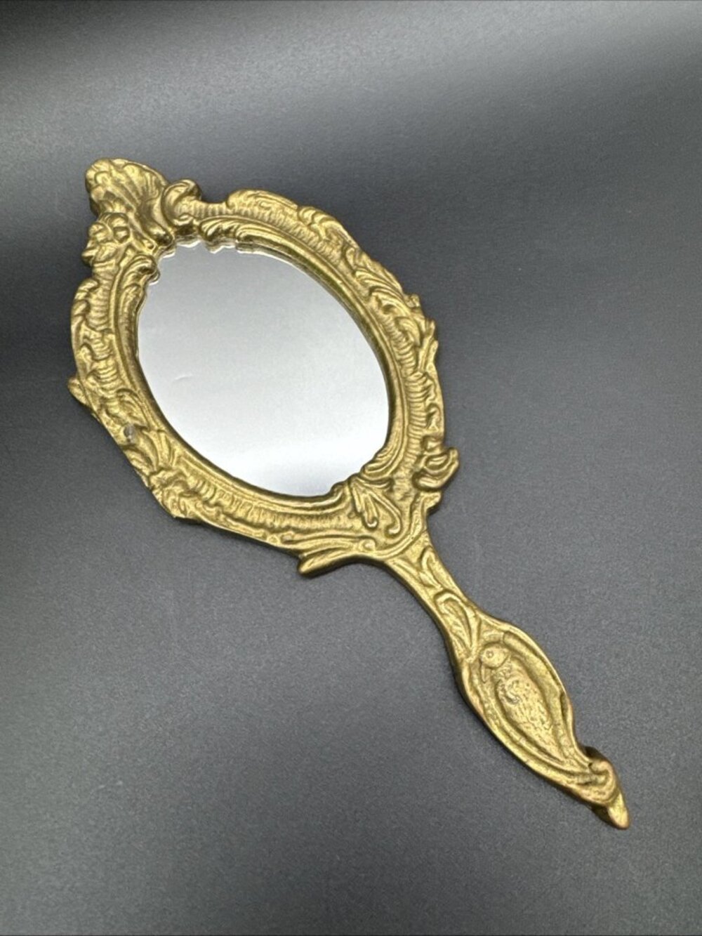 Vintage Brass Ornate Bird Hand Mirror Vanity Art Nouveau